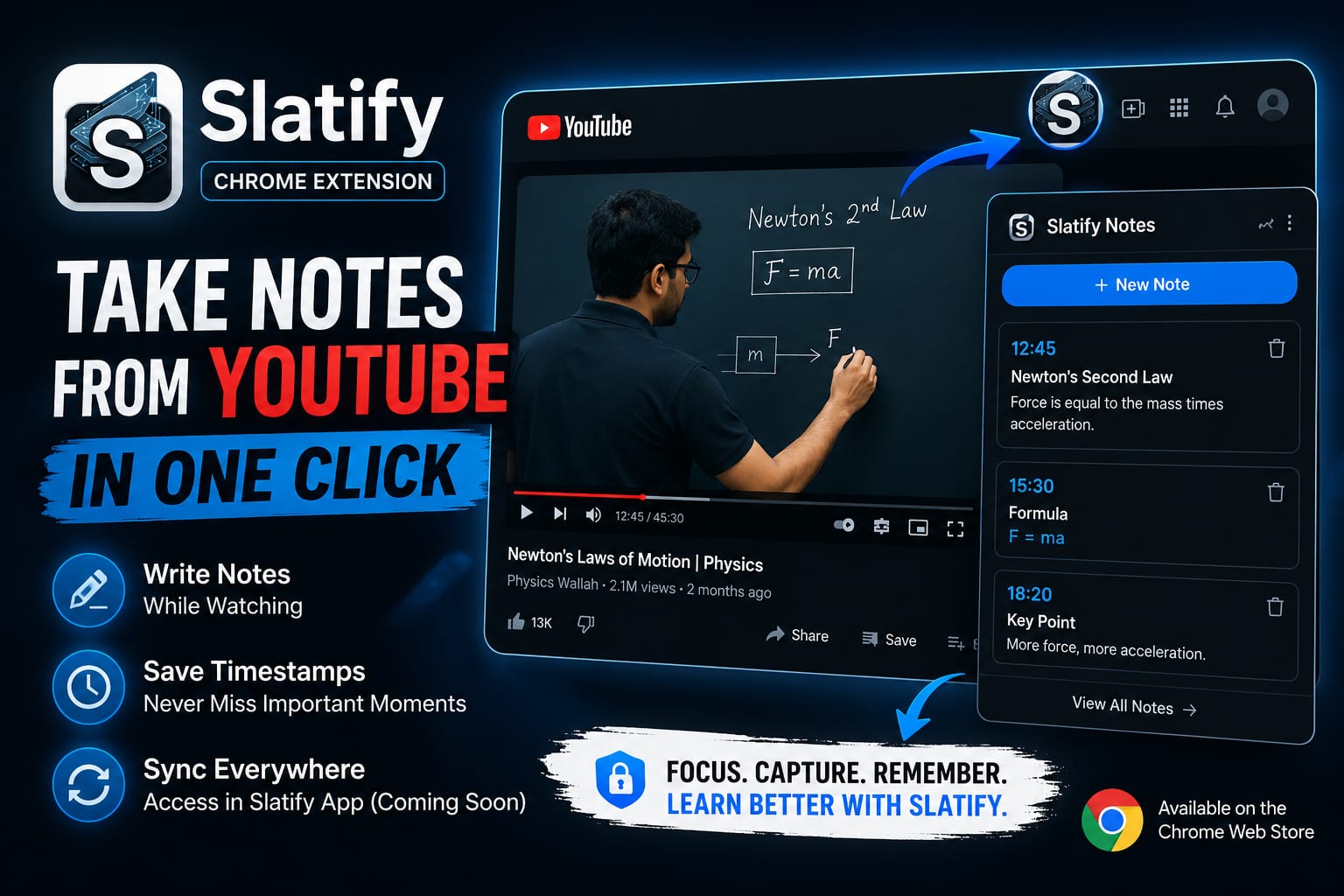Slatify extension promotional artwork showing YouTube note-taking and timestamped capture.